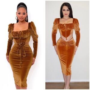 Velvet Brown Ruched Skirt & Cropped Puff Sleeve Top Set